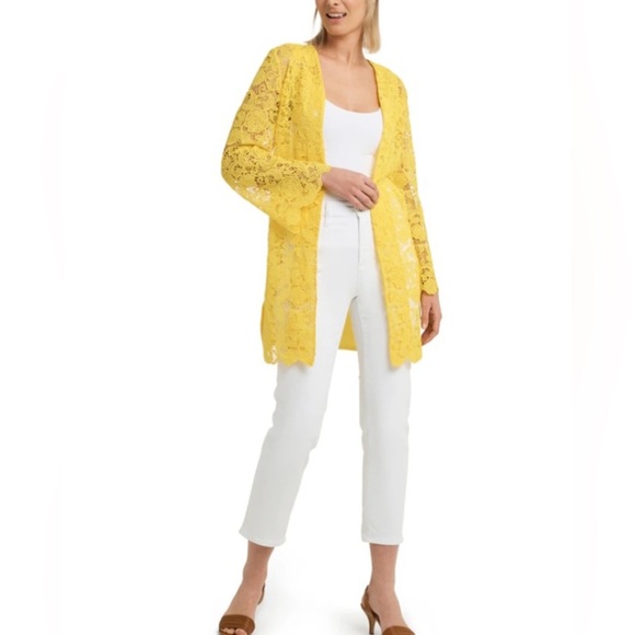Isaac Mizrahi NWT Cotton And Lace Open Bracelet Sleeve Cardigan Sz Large yellow - Picture 2 of 12